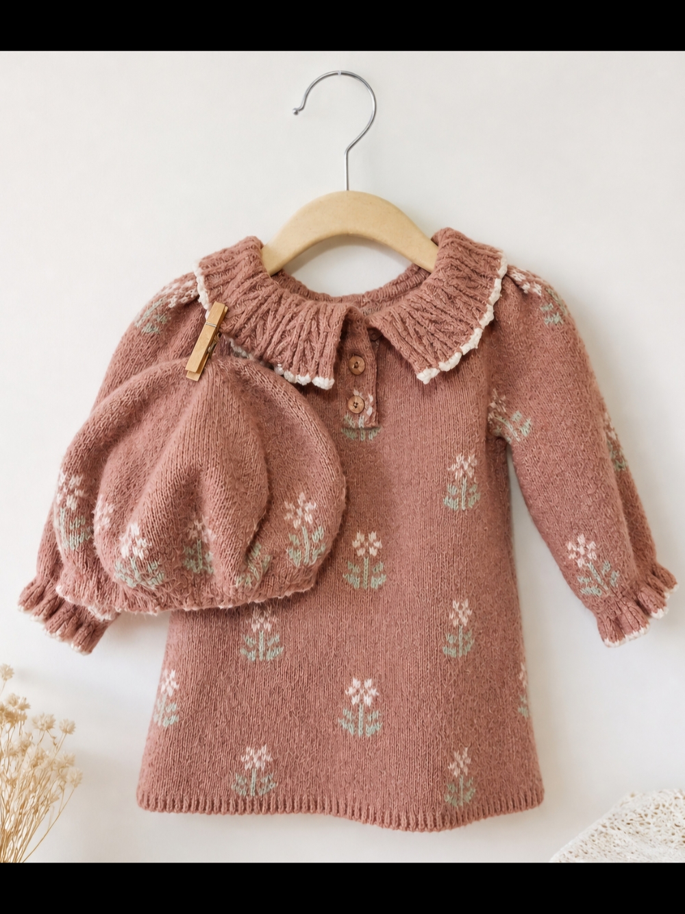 Cynthia Rowley Dusty Rose Knit Baby Dress with Beret